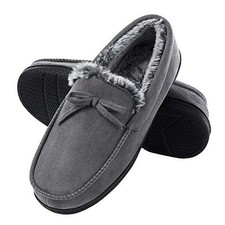 Men's Moccasin Slippers - Indoor  Outdoor, Suede Mens House Slippers 12 Grey