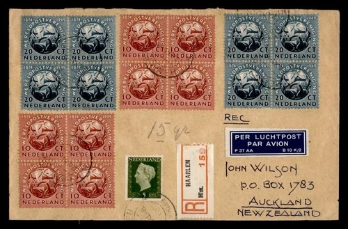 DR WHO 1949 NETHERLANDS BLOCK UPU ANIV FDC? COMBO TO NEW ZEALAND R25179