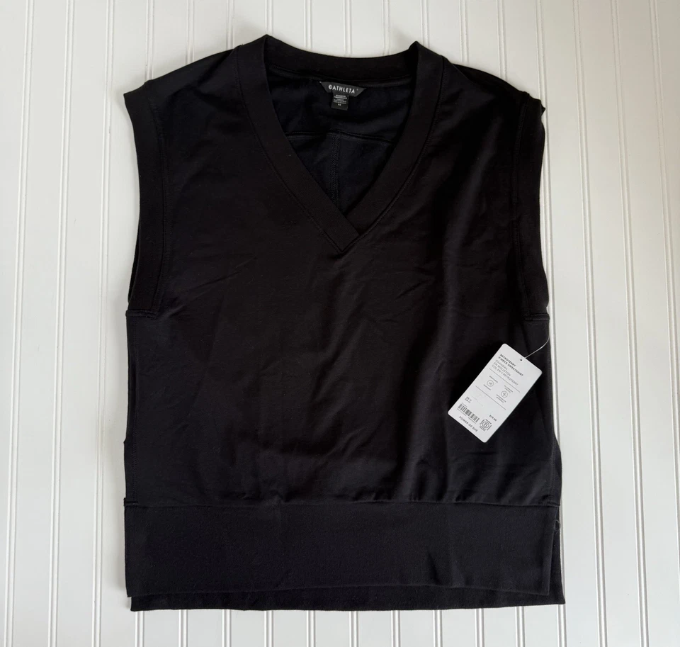 Athleta 复古运动衫女式黑色无袖 V 领上衣中号全新 1070 — 第 2/4 张图片