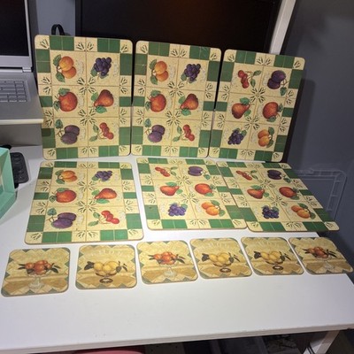 Vintage Neu 13 x Pimpernel Kork Rückseite Platzsets OBST MEDLEY, Untersetzer & Tablett 
