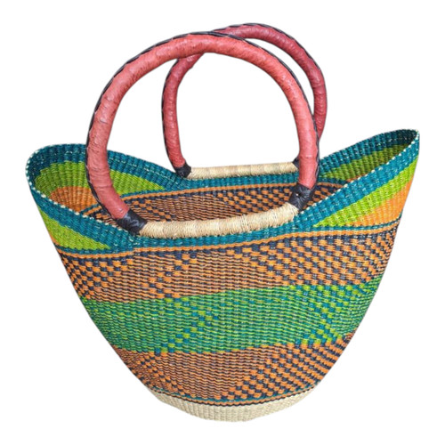 Orange & Green African Basket Tote – Handmade Straw Shopper Bag with Handles