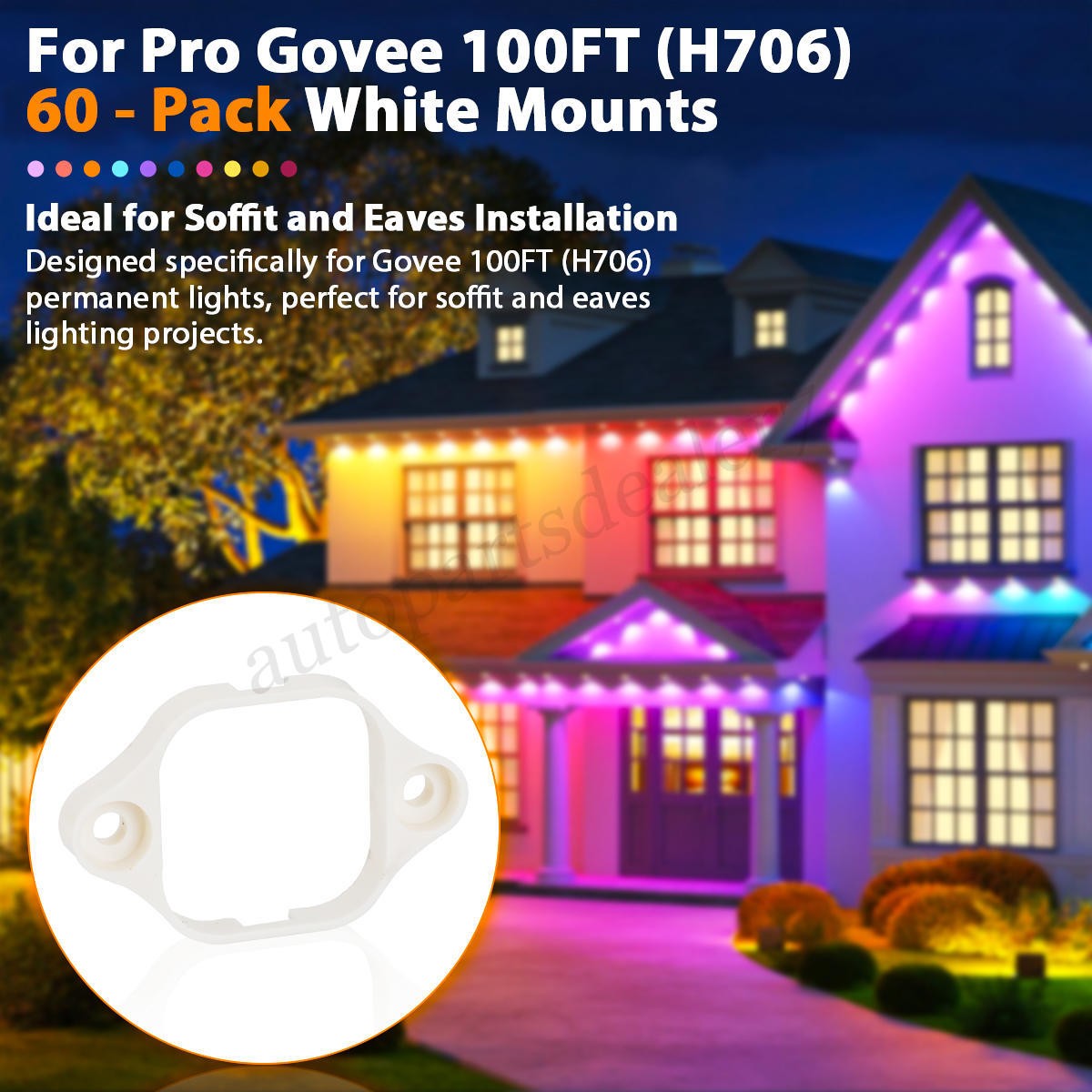 Laegam Mounting Clips For Govee Pro Permanent Outdoor LED Lights H706 – 60-Pack Bracket Holders, White Plastic, Screws Not Included