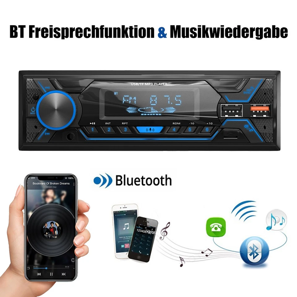 Autoradio Single DIN Bluetooth FREISPRECH MP3 FM USB SD AUX 7 Farben OHNE CD - Bild 3 von 4