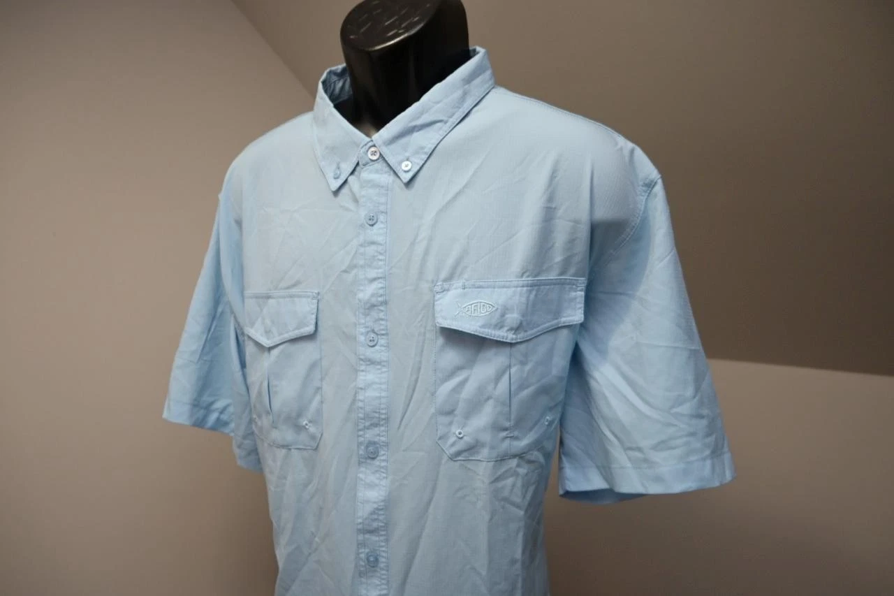 Aftco Aftech Vented Fishing Shirt Blue Short Sleeve Performance Mens 2XL XXL