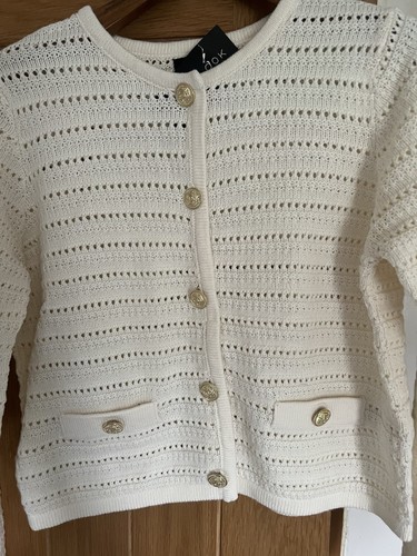 White Cream Cardigan Cardy Jacket New Look 12 Crochet Buttons Work Smart Jumper - Bild 2 von 3