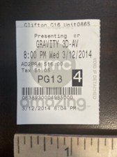 Gravity Movie Ticket Stub 3/12/2014 Clifton NJ Sandra Bullock George Clooney