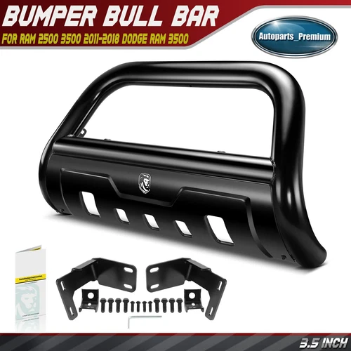 3.5" Black Bull Bar Bumper Grille Guard w/ Formed Skid Plate for Ram 2500 3500