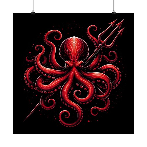 Matte Square Poster Wall Art Octopus Blood Red Black Trident Kraken Nautical - Picture 44 of 50