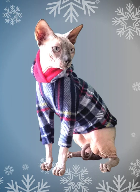 Cozy Fleece Hoodie for Cats - SMALL, Plaid Cat Sweater with Hood, Warm Pajamas - Image 3 of 4