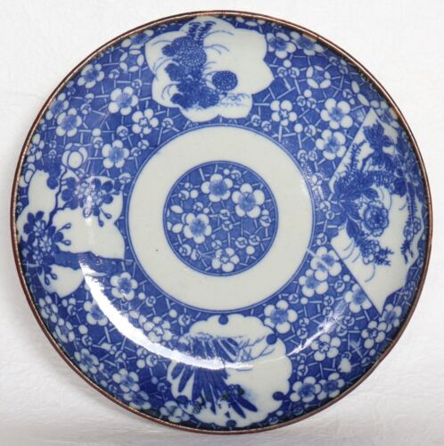 Japońska porcelana niebiesko-biała talerz kwiatowy inban 15,6cm 6,14" Vintage - Zdjęcie 1 z 12