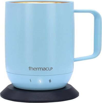 Thermacup Self-Heating Temperature Controlled Coffee Mug Lid Mist Blue 10 oz NEW