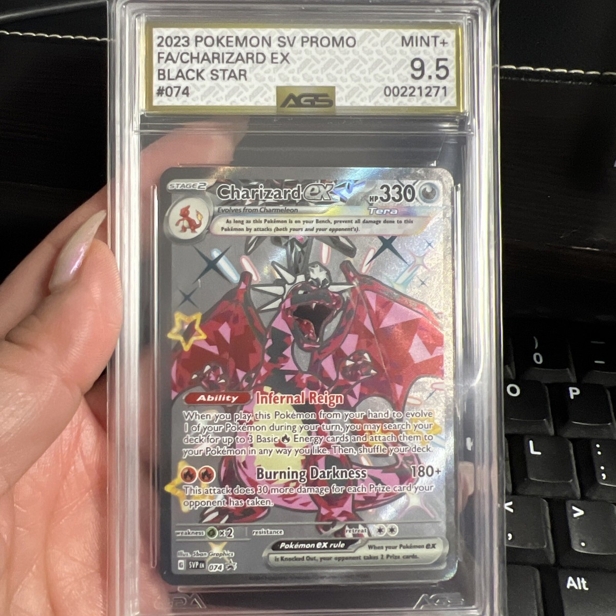 pokemon trading card games sv4 5 paldean fates tin charizard 2023 POKEMON SVP EN-SV BLACK STAR PROMO PALDEAN FATES TIN CHARIZARD EX AGS  9.5