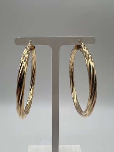 9CT YELLOW GOLD HALLMARKED LARGE 47MM TWIST THICK HOOP PAIR OF EARRINGS + BOX - Picture 3 of 4