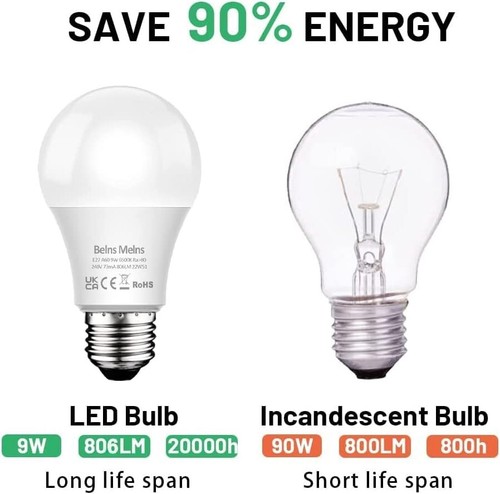 5x Belns Melns E27 LED Light Bulbs Edison Screw Cap 9w = 60w 6500K Cool White - Picture 4 of 6