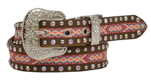 Angel Ranch Western Girls Belt Youth Leather Fabric Inlay Studded Brown DA5222 - Picture 2 of 2