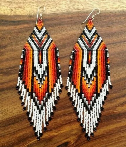 Tribal Earrings Native Large Boho American Seed Beads Handmade Earring - 第 1/2 張圖片