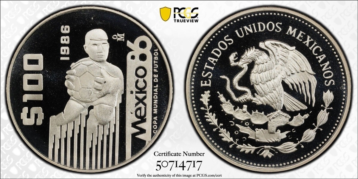 Mexico 1986 100 Pesos World Cup PCGS PF69 Dcam Proof Km521 Mexico 1986 100 Pesos World Cup PCGS PF69 Dcam Proof Km521