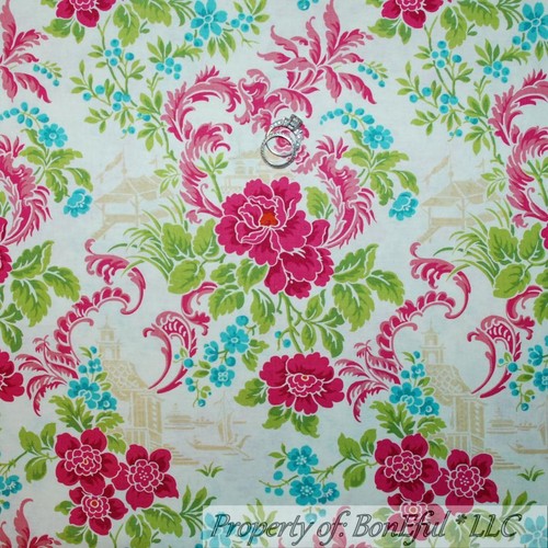 BonEful Fabric FQ Cotton Quilt White Pink Blue Flower Shabby Chic Garden Cottage - Picture 12 of 15