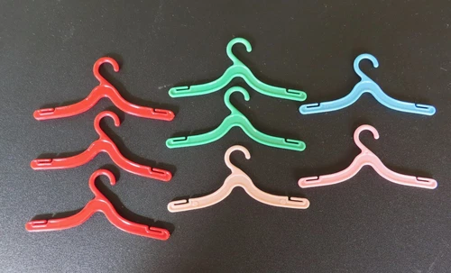 8 Vintage Barbie Hangers for Doll Clothes 1960s Hard Plastic Pink Green Red Blue