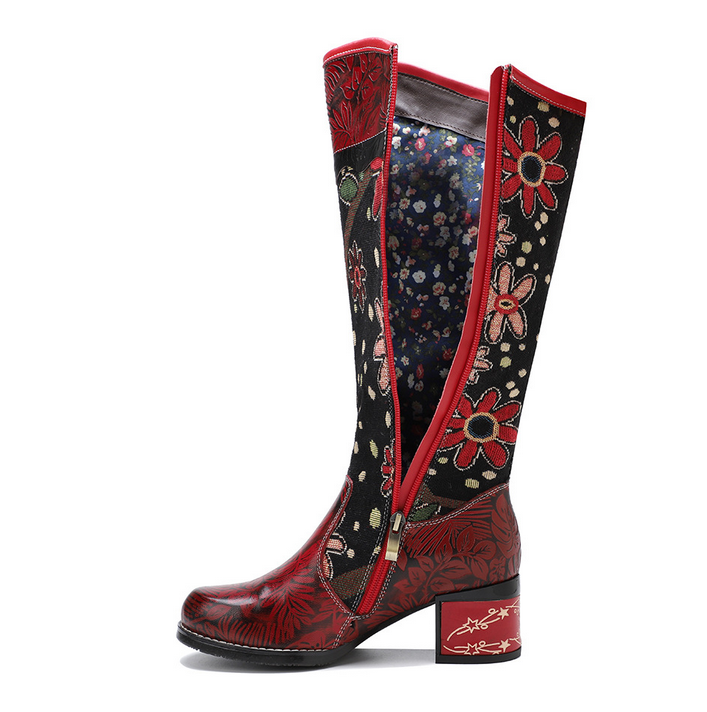 Boho Women Flower Splicing Genuine Leather Knee High Boots