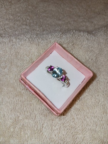 Size 7 Platinum/Sterling Ring Cambodian Blue Zircon, Garnet, Moissanite  (765) - Picture 7 of 13