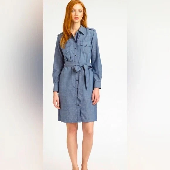 Camicia TORY BURCH Chambray blu Brigitte con cintura e cravatta in vita con bottoni abito 10 ?
