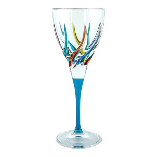 Murano Wine Glass Hand Painted Blue Stem Red Green Venice Italy
