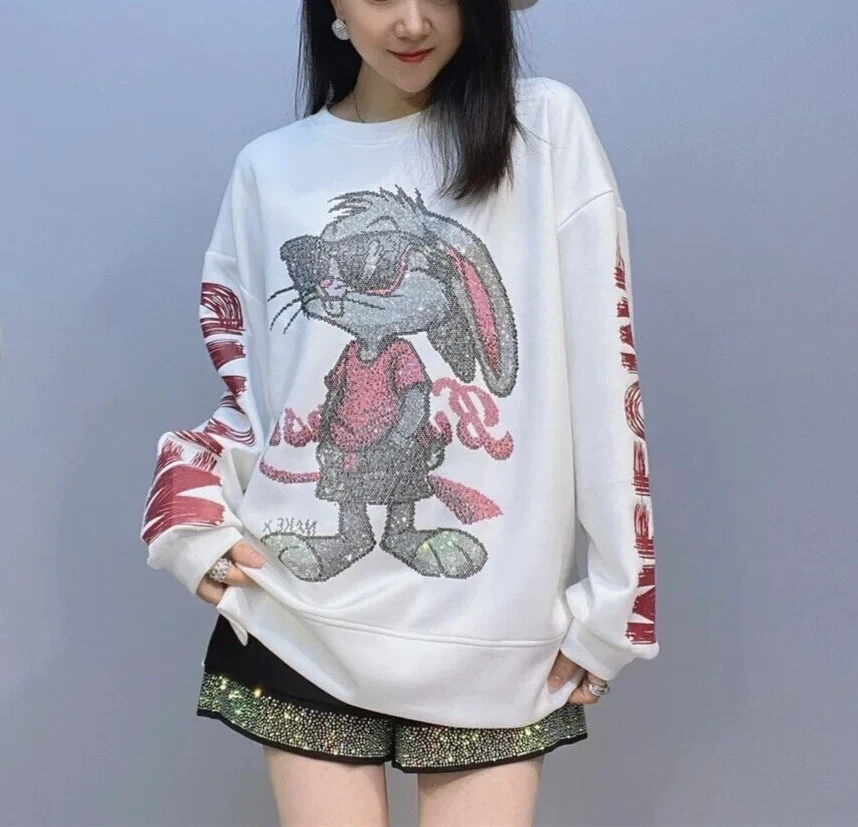 Nueva Sudadera con Capucha Mujer Lujo Diamante Conejo Estrás Moda Alta Calidad 3 Colores Foto 3 de 4