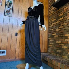 Vtg 80s Victor Costa Velvet Corset Black Tie Formal Evening Dress Ball Gown S/M