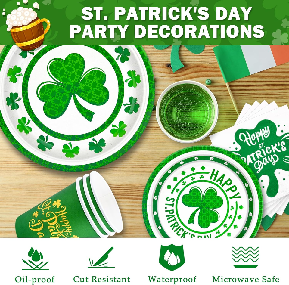 200 St Patrick'S Day Plates and Napkins Cups Serve 50 Green Shamrock