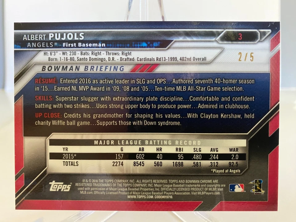 Bowman Chrome 'Red Refractor' Albert Pujols #3 2016 serie 2/5 Future HOF'er Foto 3 de 3