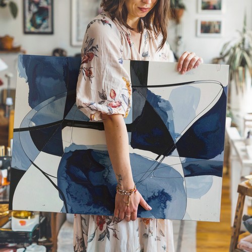 Navy Watercolor Dance Canvasabstract Art With Fluid Blue Shapes And Black Lines - Picture 5 of 7