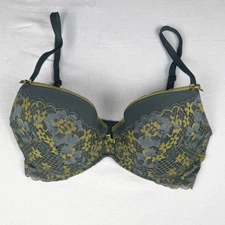 Adore Me 32DD Lace Plunge Bra Gray Olive Floral Gold Accents Comfortable
