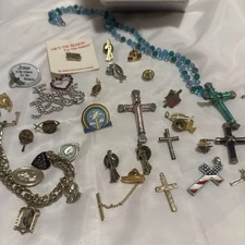 vintage religious jewelry lot 28 Items Crosses Fish Pins