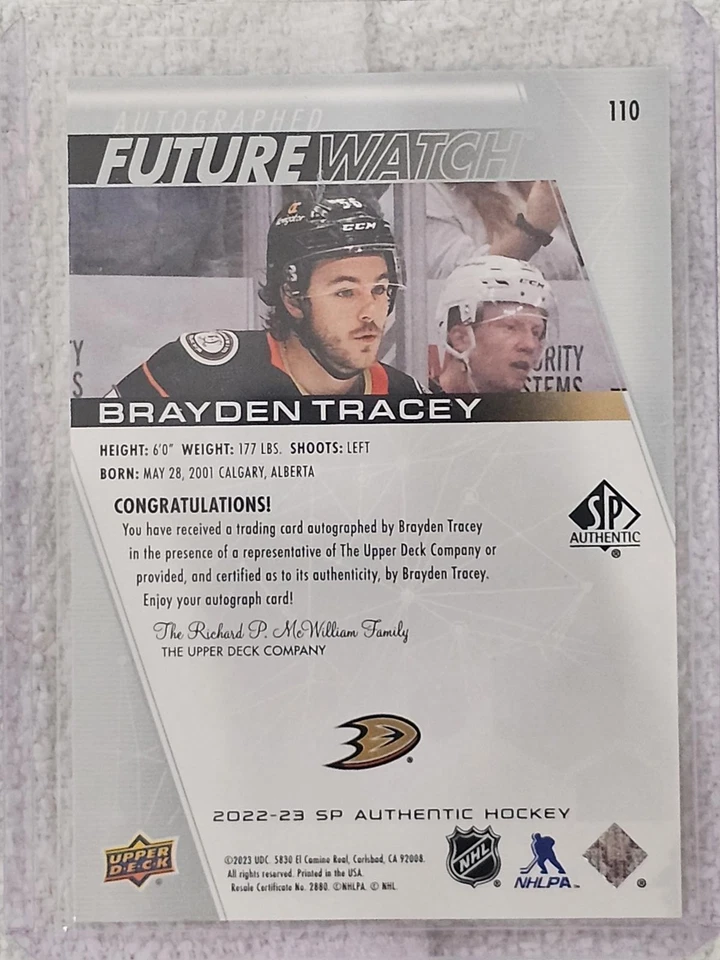 2022-23 SP Authentic Future Watch Brayden Tracey Autographed Hockey Card 663/999 - Image 2 of 2