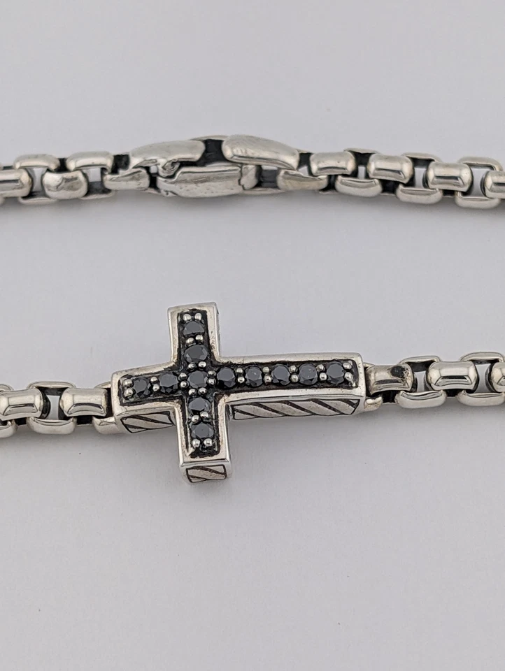 David Yurman 5mm Cross Station Bracelet Sterling Silver with Black Diamonds 8.5 - Image 2 of 4