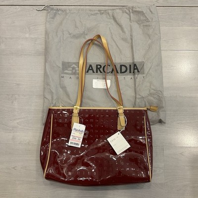 NWT Arcadia Made In Italy Patent Leather Tote Bag Burgundy Wine Logo Embossed