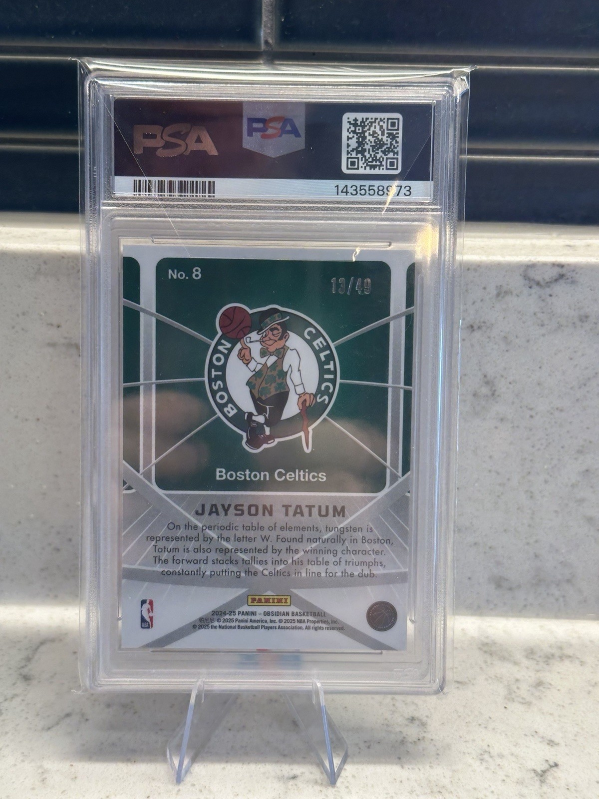 2024 Panini Obsidian Atomic Initials Jayson Tatum Electric Etch Pink /49 PSA 9 view 2