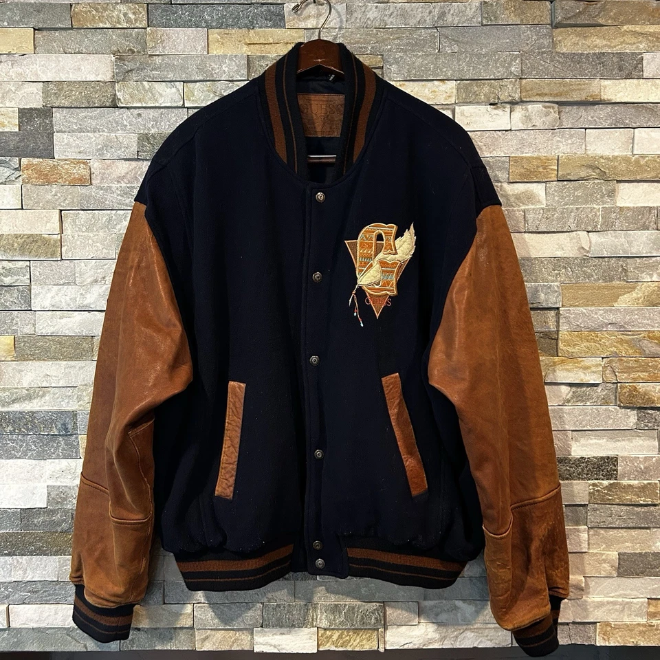 Guess Vintage 1990s Blue Wool Brown Leather Varsity Indian Head Aztec Jacket M - Image 2 of 4