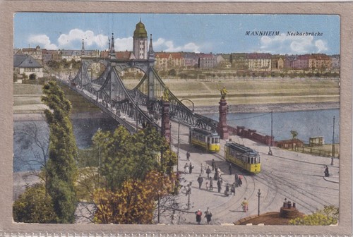 Ansichtskarte Mannheim - Blick zur Neckarbrücke mit Straßenbahnen - 1923