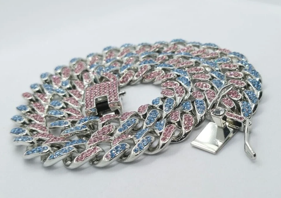 Collar de cadena cubana Miami de acero inoxidable de 10 mm para hombre 18" zafiro azul y rosa Foto 4 de 4