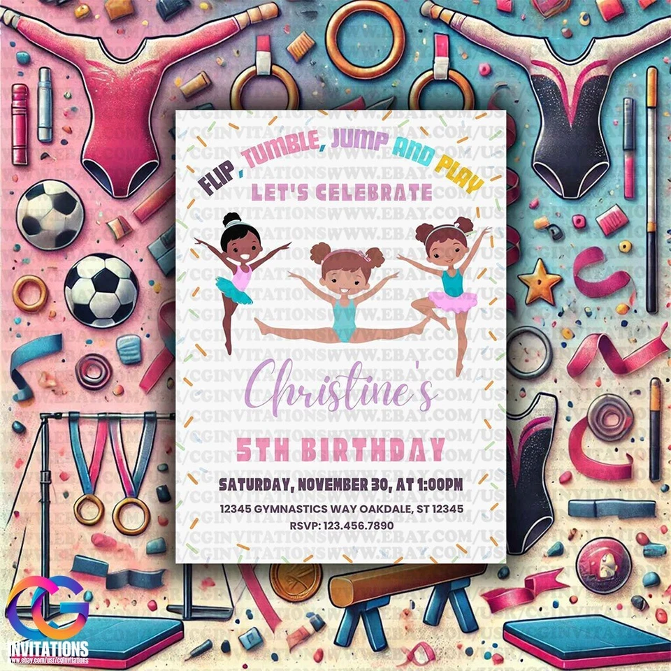 Invitación de cumpleaños de gimnasia editable para niñas, es hora de jugar fiesta de gimnasia Foto 2 de 4