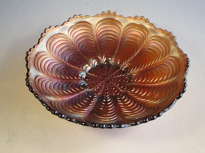 Nice Antique Fenton Amethyst Peacock Pattern Carnival Glass Ice Cream Shaped Bow