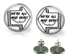 Alice In Wonderland We're All Mad Here Glass Top Stud Earrings Handcrafted 20mm