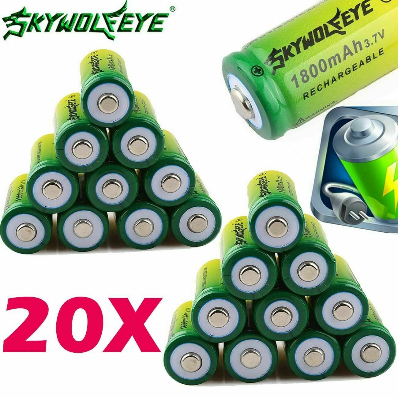 20pcs SKYWOLFEYE 16340 RCR123A Battery 3.7V 1800mAh Rechargeable Cell