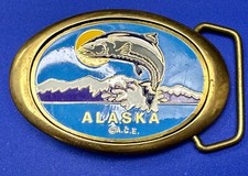 Alaska A.C.E. Jumping Fish - Vintage Solid Brass Oval Belt Buckle Qb-101