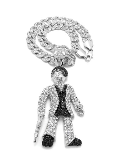 Hip Hop Scarface Pendant & 10mm 18" 20" 24" Iced Cuban Chain Bling Necklace - 第 26/35 張圖片
