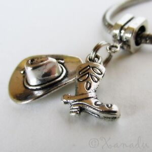 Silver Plated Bracelet with Cowboy Cowgirl Boot Hat Horse Charm & Crystal Beads