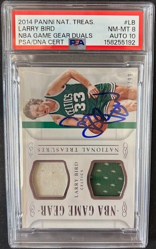 Larry Bird 2014 National Treasures Game Used Patch Card #LB PSA 8 Auto 10 50/99