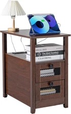 Farmhouse End Table, Narrow Night Stand with USB Ports and Outlets, 4 Tiers End 